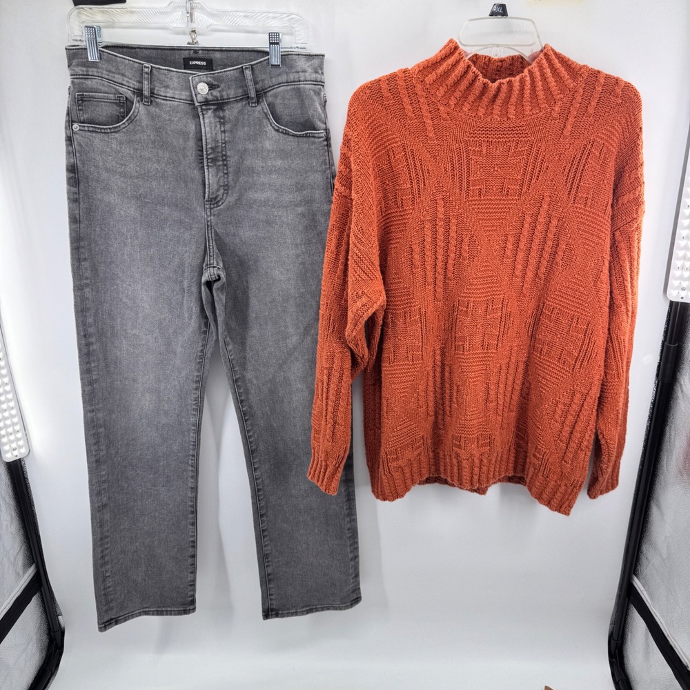 Vintage Gap Sweater M Express Jeans 8R Orange Gray Straight High Rise 90s Knit